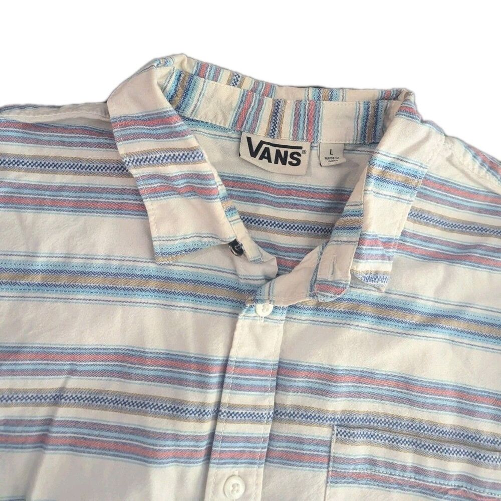 VANS Mens Striped Short Sleeve Button Up Shirt White Blue Red Size Large